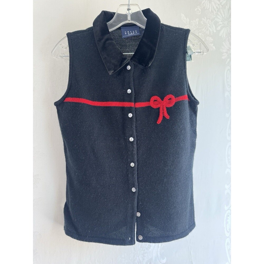 Liz Claiborne Black Sleeveless Button Front Top with Red Bow Detail
